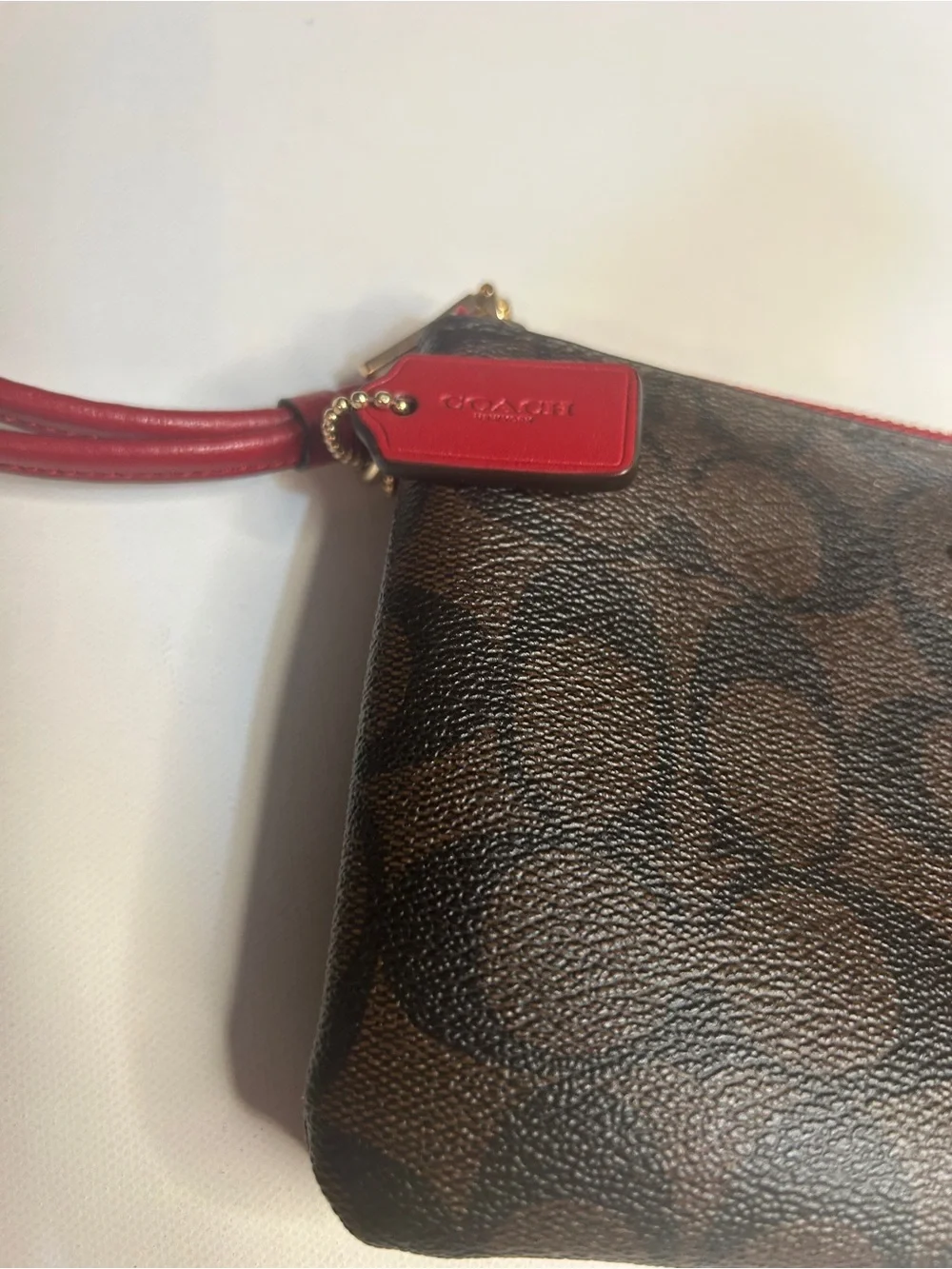 Coach Double Zip Wristlet Signature Canvas Brown Red PVC Leather Wallet Clutch